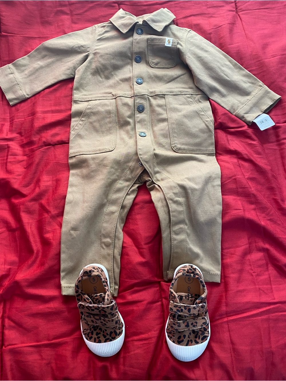 Carter’s Tan Infant Coverall with Leopard Print Sneakers - S 12 Months